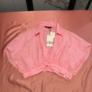 NWT Zara pink linen crop top L Elasticated back